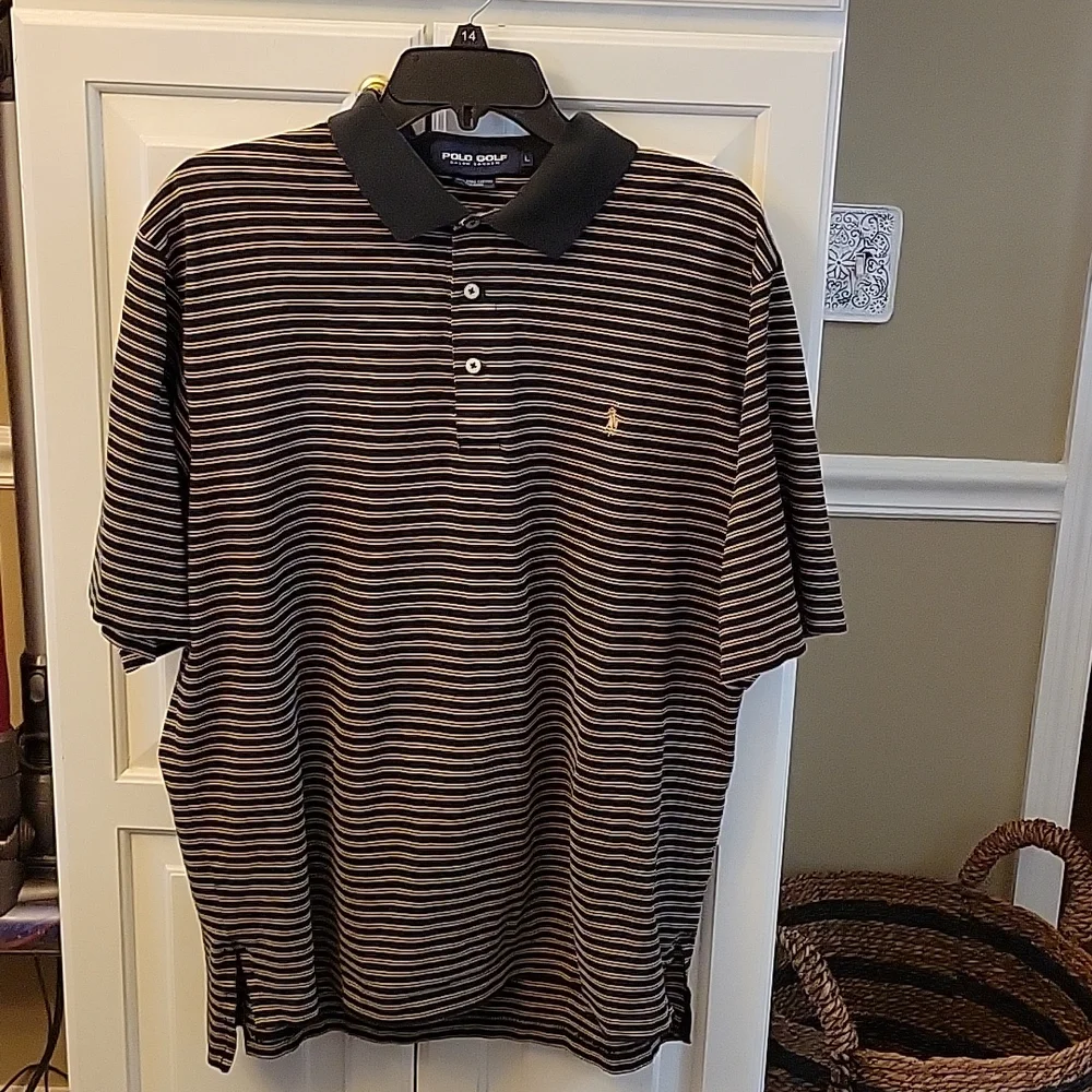 Ralph Lauren Polo Golf black tan striped shirt short slv 100% Pima Cotton L EUC…